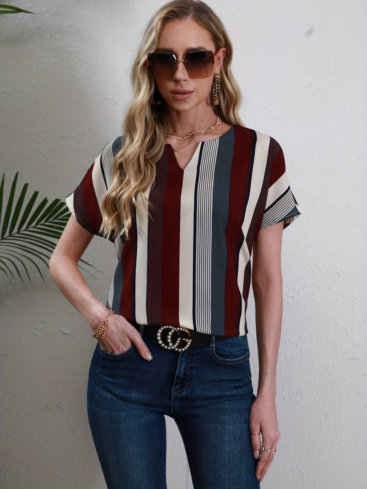 Striped Notched Neck Blouse, Casual Short Sleeve Blouse For Spring & Summer, Women's Clothing