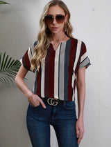 Striped Notched Neck Blouse, Casual Short Sleeve Blouse For Spring & Summer, Women's Clothing