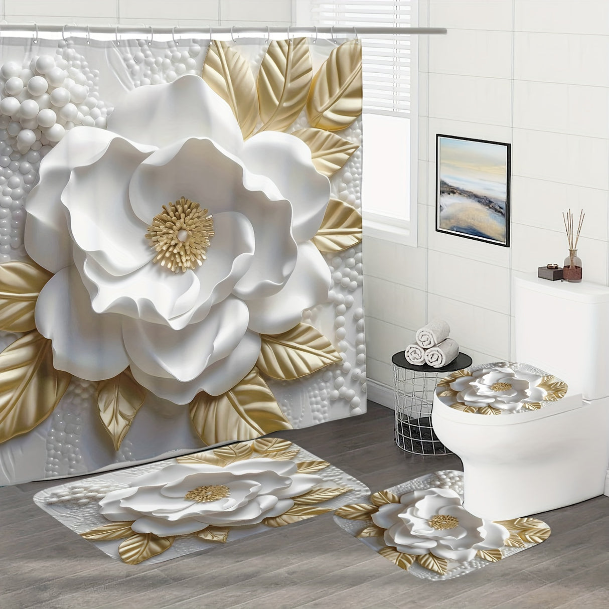 1/4pcs Luxurious 3D Floral Pattern Shower Curtain Set - Waterproof, Non-Slip, Easy-to-Clean Bathroom Essentials with 12 Hooks, U-Shape Toilet Mat, Toilet Lid Cover Pad - Complete Bathroom Decor Solution for a Relaxing Oasis