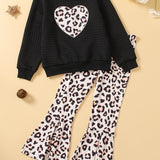 Girls 2pc, Leopard Print Heart Graphic Pullover + Leopard Print Flare Pants Kids Clothes For Fall (Random Leopard Pattern)