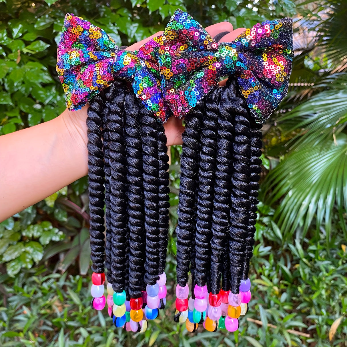 2pcs Delicate Kids Ponytail Extensions, Braids With Beads, Sweet Hair Extension With Elastic Tie, Twist Ponytails With Hair Bows Butterflies, Cute Pigtail, Beautiful Wig For Girls Casual Leisure Party Supplies, Gift Stage Per