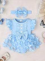 Baby Girl Clothes Cap Sleeve Butterfly Applique Romper Dress+Headband