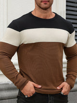 All Match Knitted Color Block Sweater, Men's Casual Warm High Stretch Crew Neck Pullover Sweater For Men Fall Winter