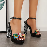 Women's 3D Floral Ankle Strap High Heels, Open Toe Chunky Heel Sandals, Fashionable Dress Shoes