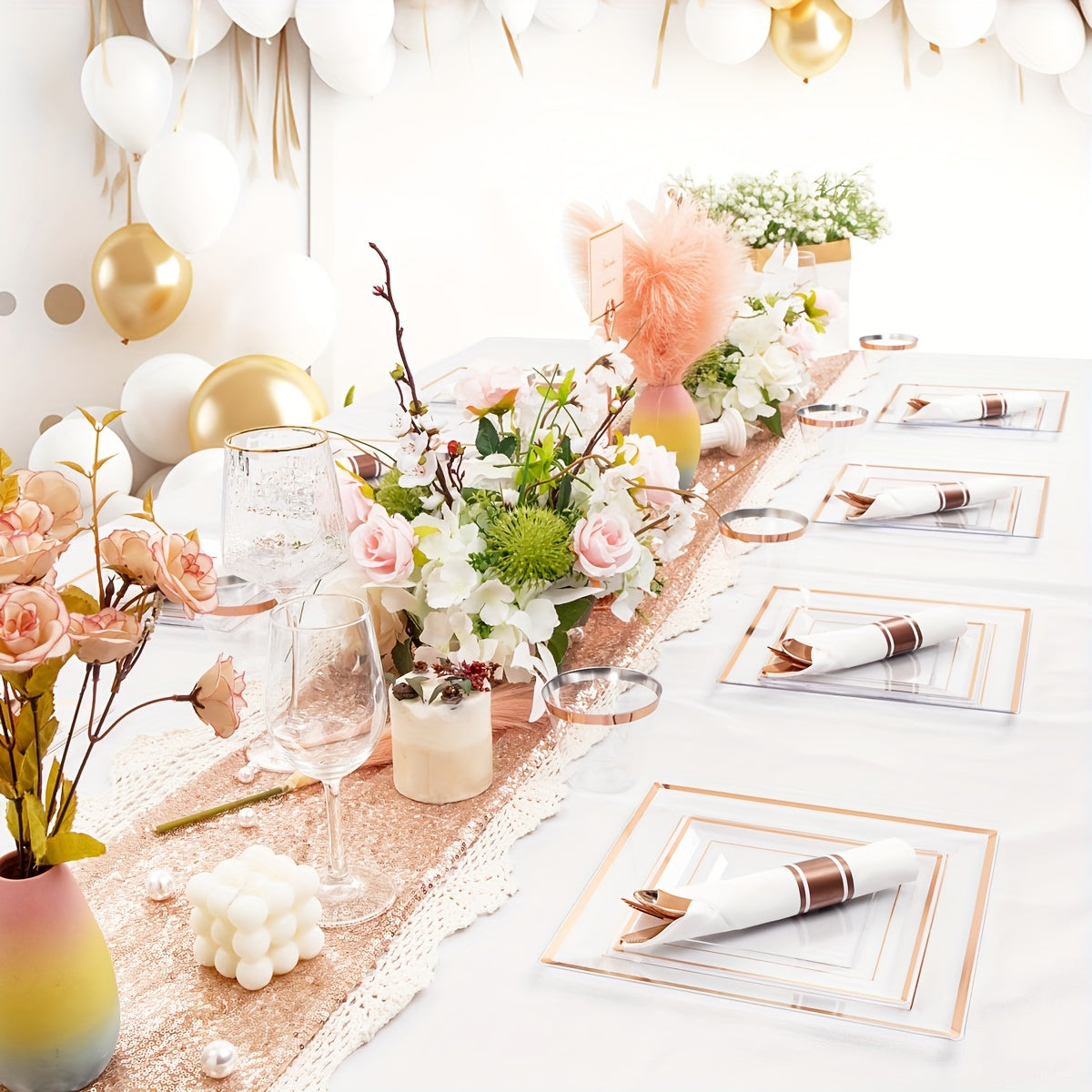 175 PCS Clear Gold Plastic Plates, Gold Plastic Dinnerware Sets Includes: 25 Dinner Plates, 25 Salad Plates, 25 Pre Rolled Napkins with Gold silverware, 25 Cups 9 OZ, Perfect for Wedding and Party (gold/rose gold), Hand washa