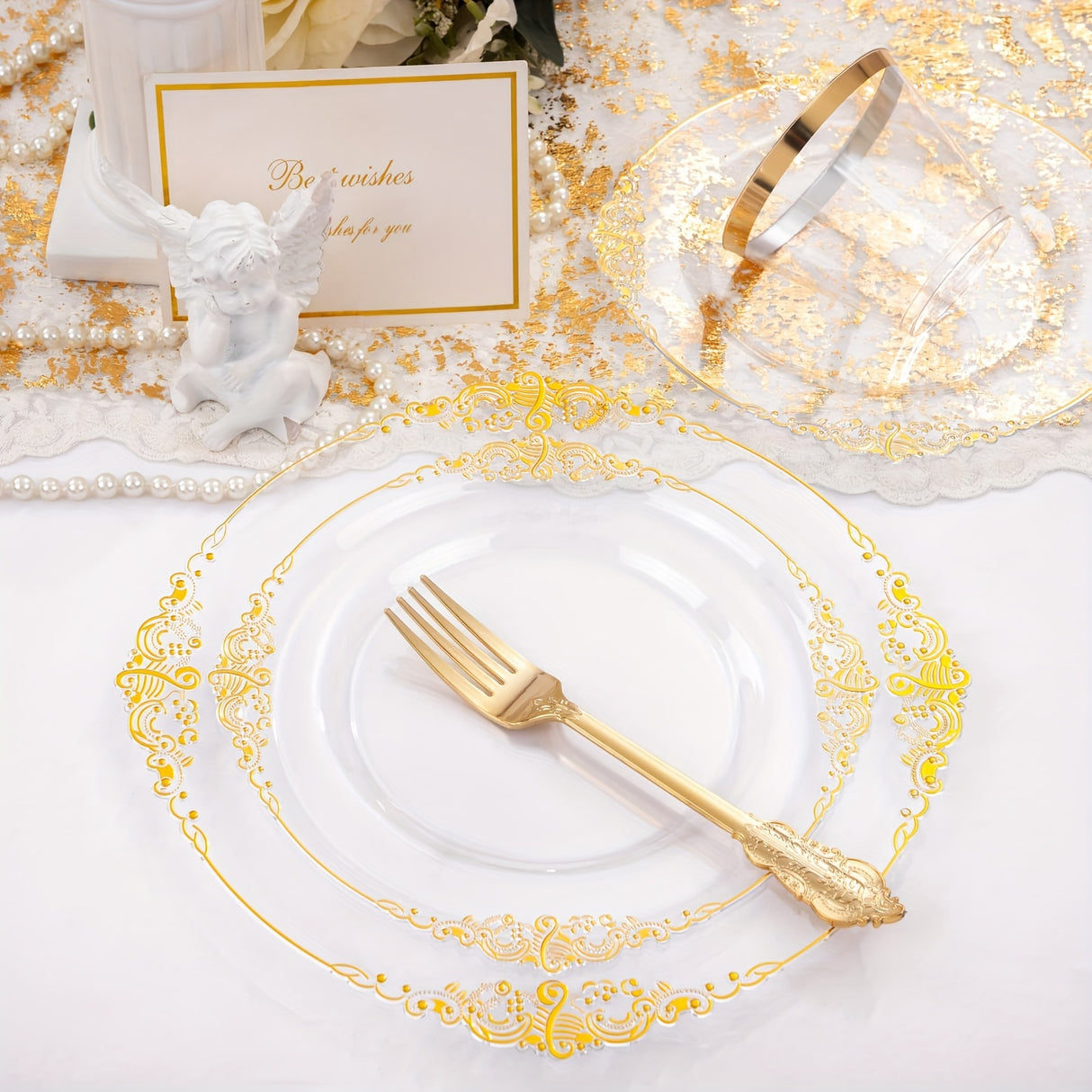 175PCS Clear and Gold Plastic Plates - Gold Disposable Plates Pre Rolled Napkins with Plastic Cutlery for 25 Guests, 50Plates, 75 Gold Plastic Silverware, 25Cups, 25Napkins for Wedding&Party