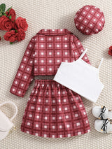 Girl's Trendy 4pcs, Long Sleeve Blazer & Beret Hat & Camisole & Skirt Set, Plaid Print Casual Outfits, Kids Clothes For Spring Summer