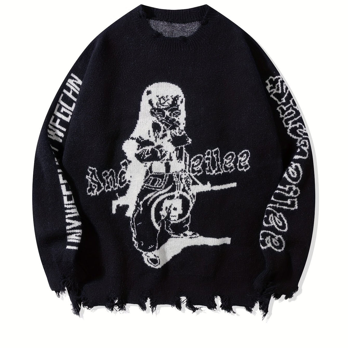 Street Style Crew Neck Knit Pullover with Tassel Detail, Long Sleeve Printed Acrylic Blend Sweater for Men - Medium Stretch, Loose Fit Fall/Winter Collection