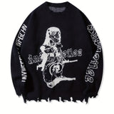 Street Style Crew Neck Knit Pullover with Tassel Detail, Long Sleeve Printed Acrylic Blend Sweater for Men - Medium Stretch, Loose Fit Fall/Winter Collection