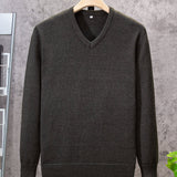 All Match Knitted Solid Sweater, Men's Casual Warm Slightly Stretch V Neck Pullover Sweater For Men Fall Winter