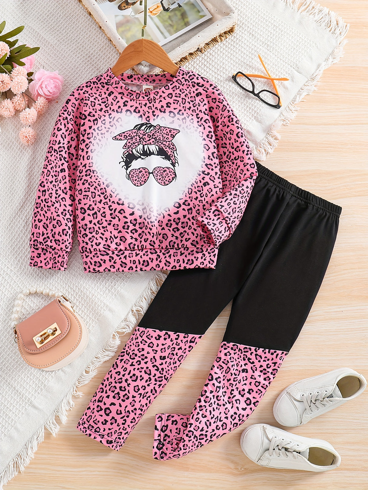 Girl's Camouflage Pattern 2pcs, Long Sleeve Top & Pants Set, Anime Sunglasses Girl Print Casual Outfits, Kids Clothes For Spring Fall