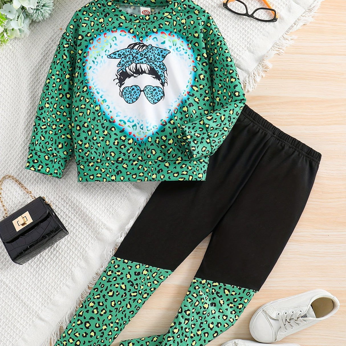Girl's Camouflage Pattern 2pcs, Long Sleeve Top & Pants Set, Anime Sunglasses Girl Print Casual Outfits, Kids Clothes For Spring Fall