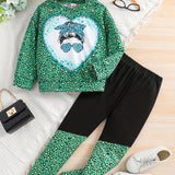 Girl's Camouflage Pattern 2pcs, Long Sleeve Top & Pants Set, Anime Sunglasses Girl Print Casual Outfits, Kids Clothes For Spring Fall
