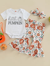 3pcs Pumpkin Floral Print Baby Girl Set: 3-Piece Romper, Bodysuit, Pants & Headband