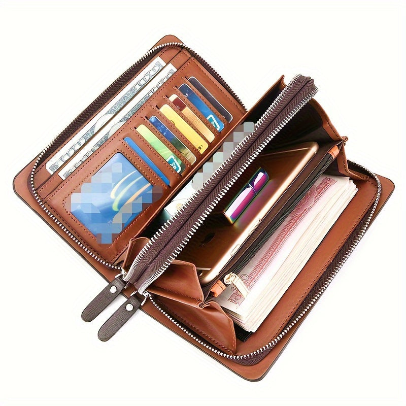 1pc Men's Business Clutch Bag, Double Zipper Long Wallet, Large Capacity Wallet