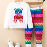 Toddler Girls 2pc Bear Print Crew Neck Sweatshirt & Rainbow Stripped Jogger Pants Kids Clothes For Fall outdoor Sports
