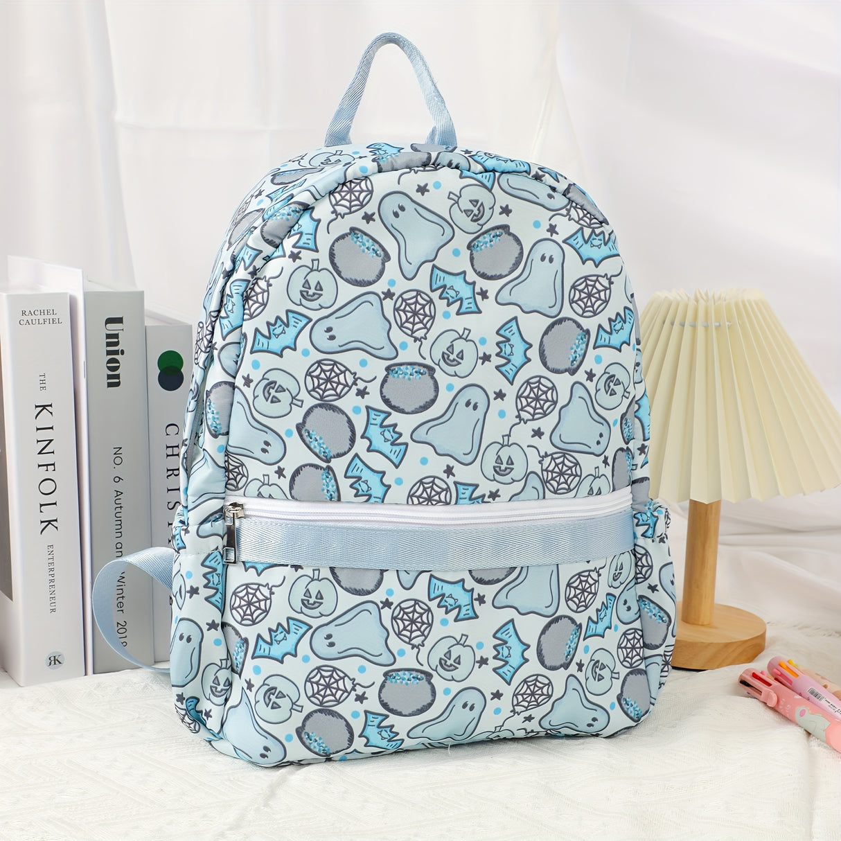 Halloween Charm Backpack - Cute Ghost & Skull Pumpkin Print, Lightweight Large Capacity School Bag with Adjustable Straps and Lace Detail
