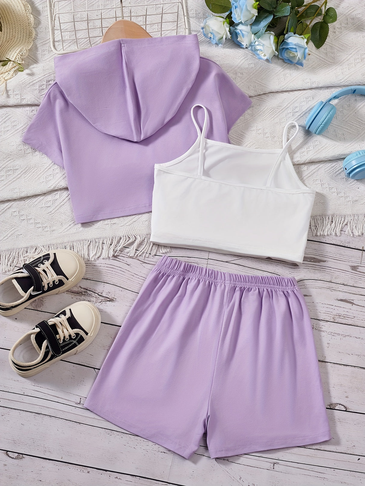 Girl's Stylish 3pcs, Hooded T-shirt & Camisole & Shorts Set, CALIFORNIA Patched Short Sleeve Top, Casual Outfits, Kids Clothes For Summer