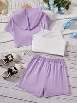 Girl's Stylish 3pcs, Hooded T-shirt & Camisole & Shorts Set, CALIFORNIA Patched Short Sleeve Top, Casual Outfits, Kids Clothes For Summer