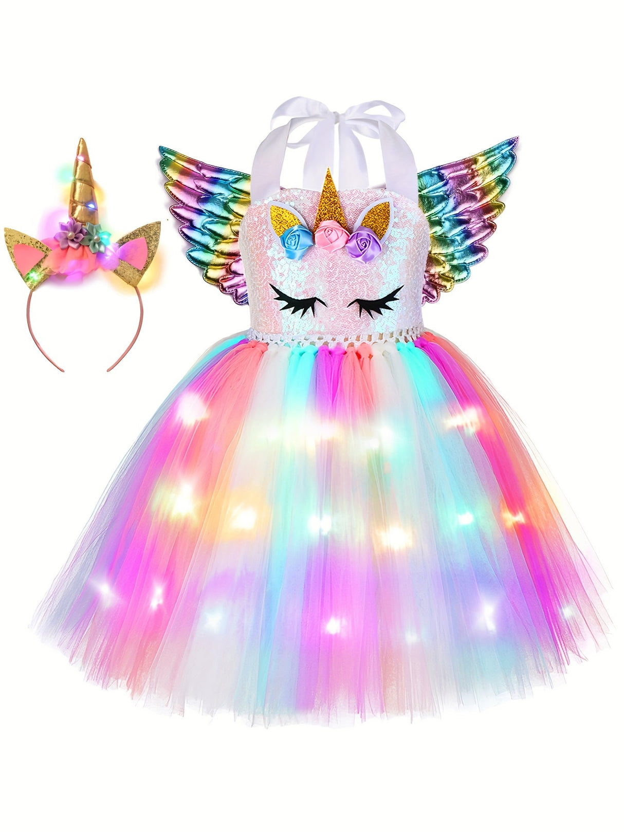 LED Unicorn Dress Princess Dress Up Clothes for Little Girls Halloween Costumes Birthday Outfit Gifts Party Favors Decorations