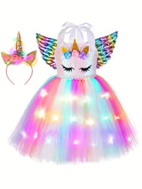 LED Unicorn Dress Princess Dress Up Clothes for Little Girls Halloween Costumes Birthday Outfit Gifts Party Favors Decorations