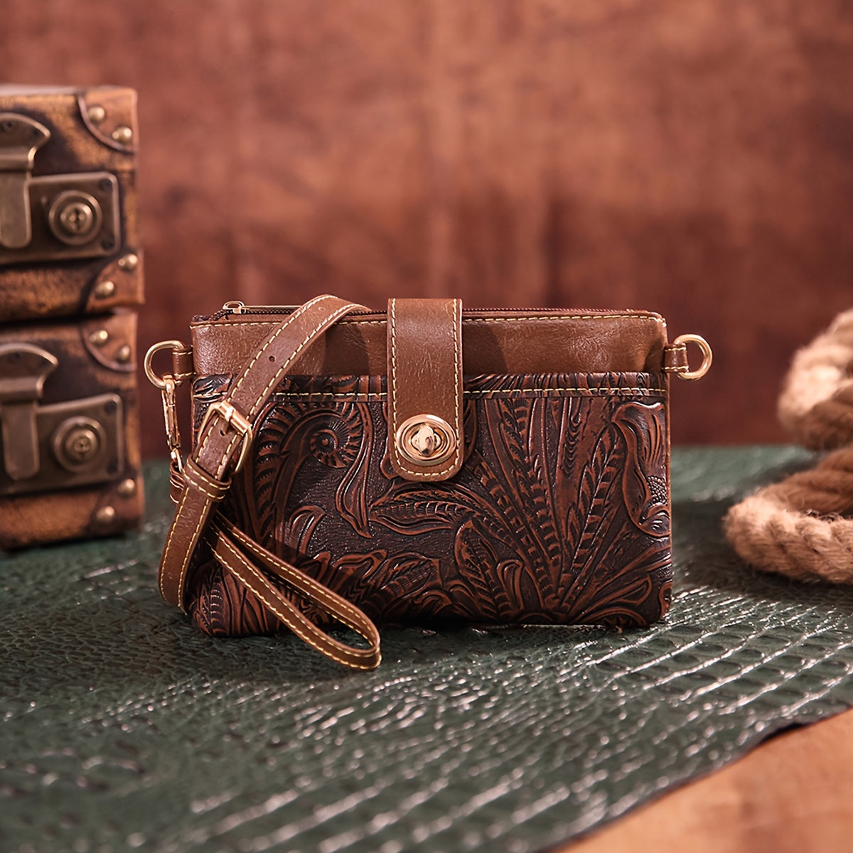 Exquisite Embossed Western Clutch Bag - Versatile Crossbody or Wristlet - Timeless Retro Style for Fashion-Forward Women