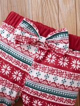 Baby Girl Christmas Set, Flying Long Sleeve Cute Cartoon Pattern & Letter Print Casual Triangle Romper + Pattern Print Pants + Headband Three-piece Set Plus Hat, Outdoor Cloth