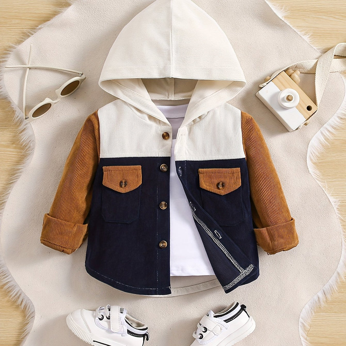 Toddler Boys Stylish Solid Color Hooded Bomber Jacket - Water-Resistant Polyester Fabric, Casual Button Down Coat with Pocket, Regular Fit for Spring and Fall Seasons