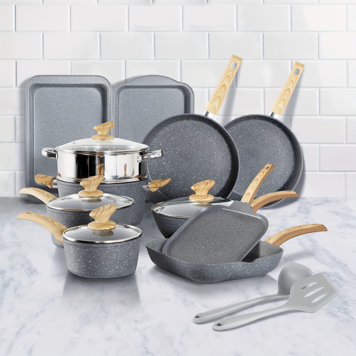 Mix Patio 17 Pieces Induction Cookware Set, Green Granite Pots And Pans Set, Nonstick Cooking Pans Set (Blue-grey)