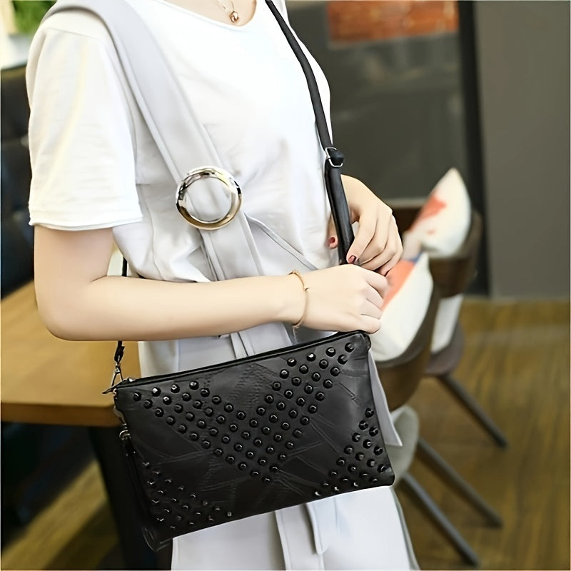 Trendy Punk Rivet Wristlet Clutch Bag for Women, Classic PU Leather Handbag