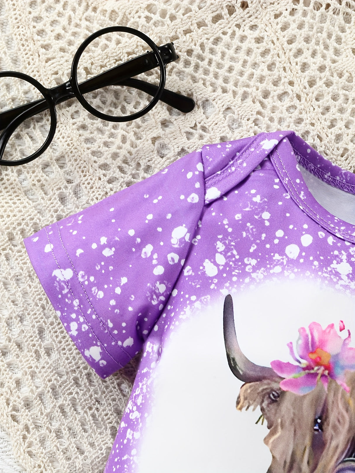 Adorable Baby Girl Romper Set - Cow Head Flower Short Sleeve Triangle Design, Long Flared Trousers with Vibrant Floral Print, Soft and Breathable Fabric, Comfortable Wear for Newborns