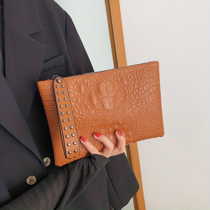 Crocodile Pattern Square Clutch Bag - Zipper Closure, Fixed Shoulder Straps, Animal Print PU Handbag with Polyester Lining and Wristlet - Fashionable Studded Decor for Women