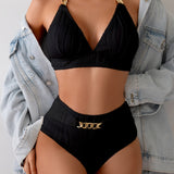 Elegant Two-Piece Bikini Set with Golden Chain Detail - High-Waisted, Textured Fabric, Halter Neck Swimsuit for Women, Machine Washable, High Waisted Bikini Set