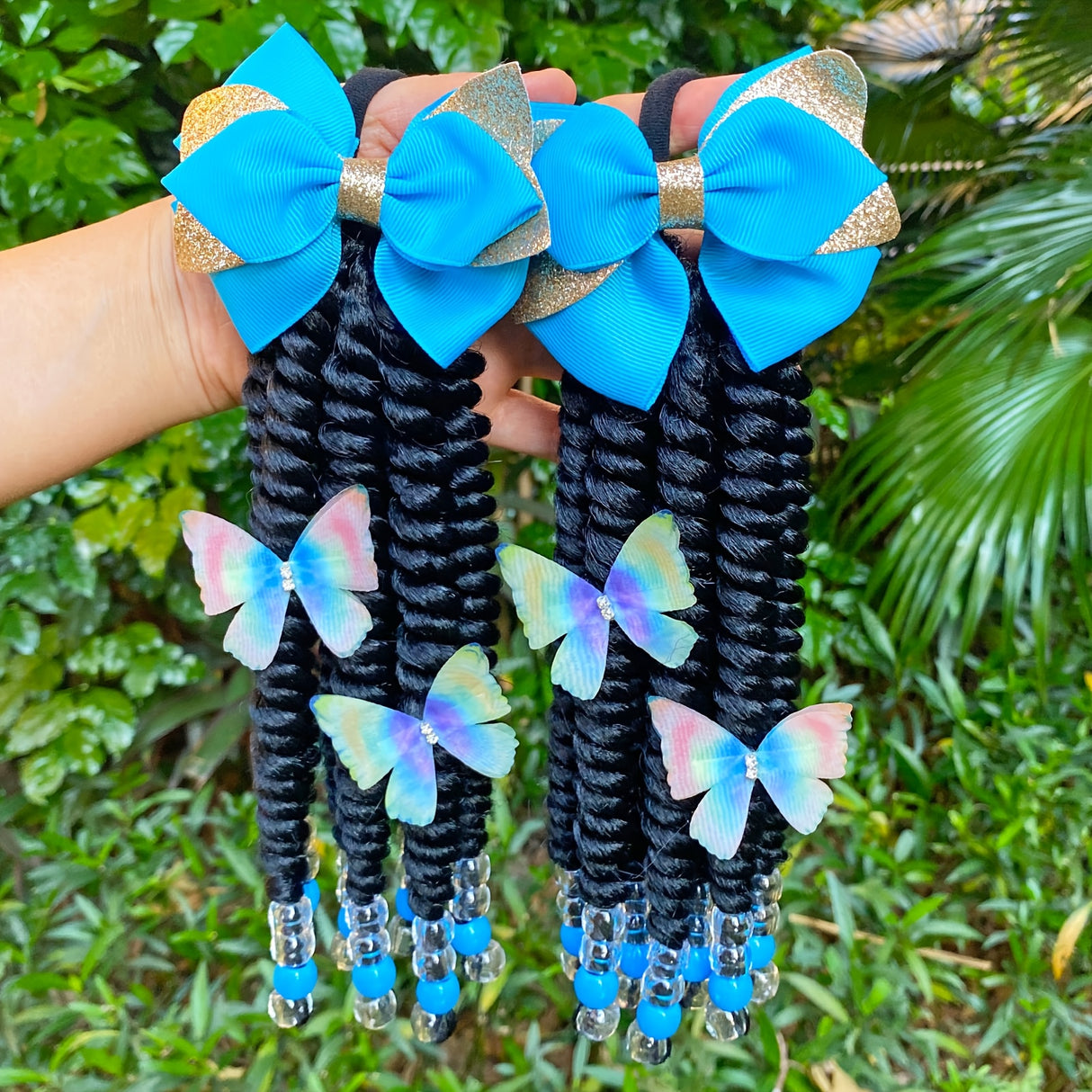 2pcs Delicate Kids Ponytail Extensions, Braids With Beads, Sweet Hair Extension With Elastic Tie, Twist Ponytails With Hair Bows Butterflies, Cute Pigtail, Beautiful Wig For Girls Casual Leisure Party Supplies, Gift Stage Per