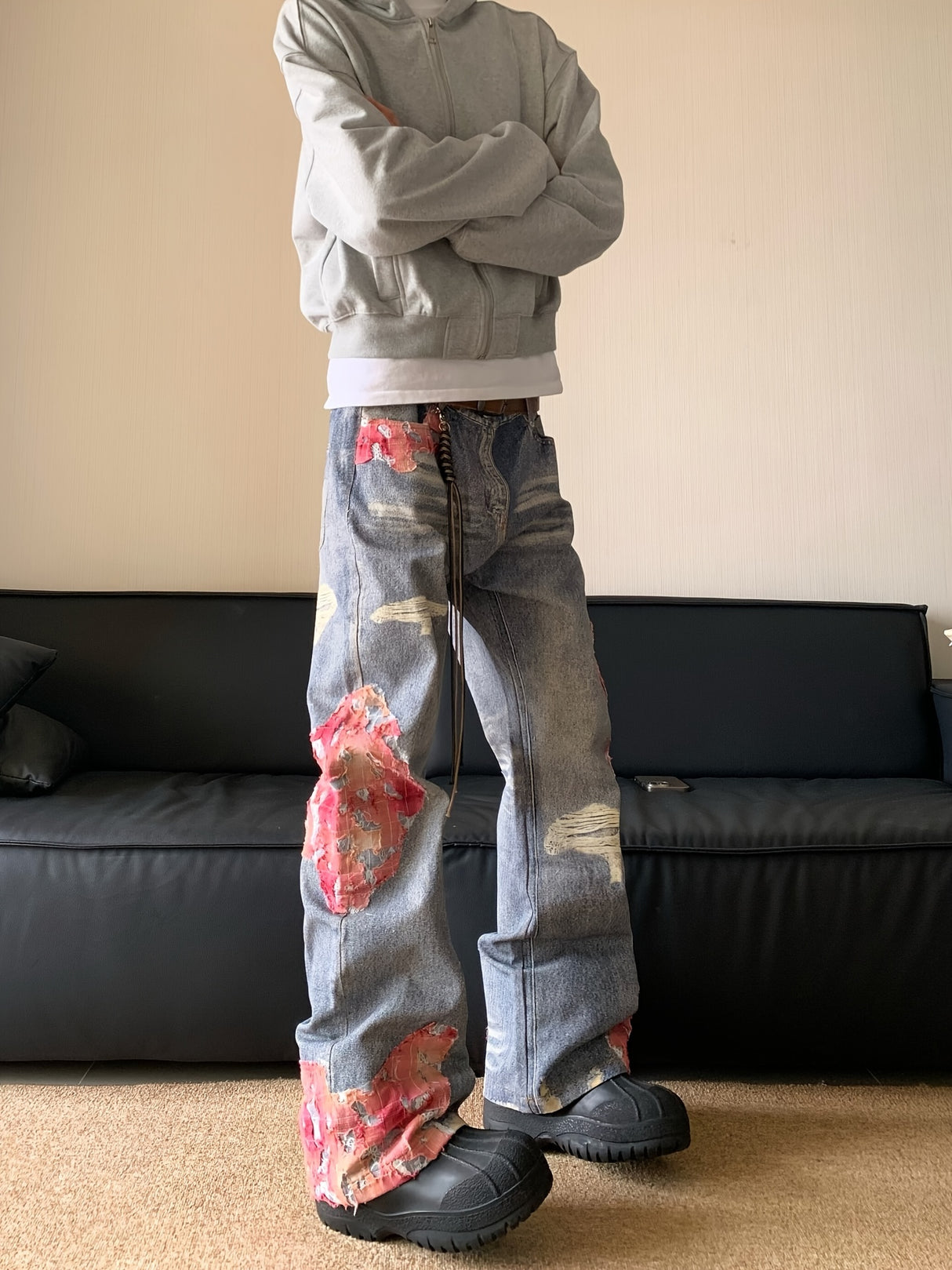 High Street Hip-hop Flared Jeans For Men And Women Summer Street Design LaceSplicing Mopping Pants