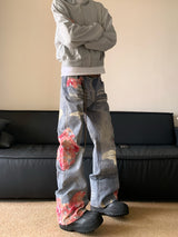 High Street Hip-hop Flared Jeans For Men And Women Summer Street Design LaceSplicing Mopping Pants