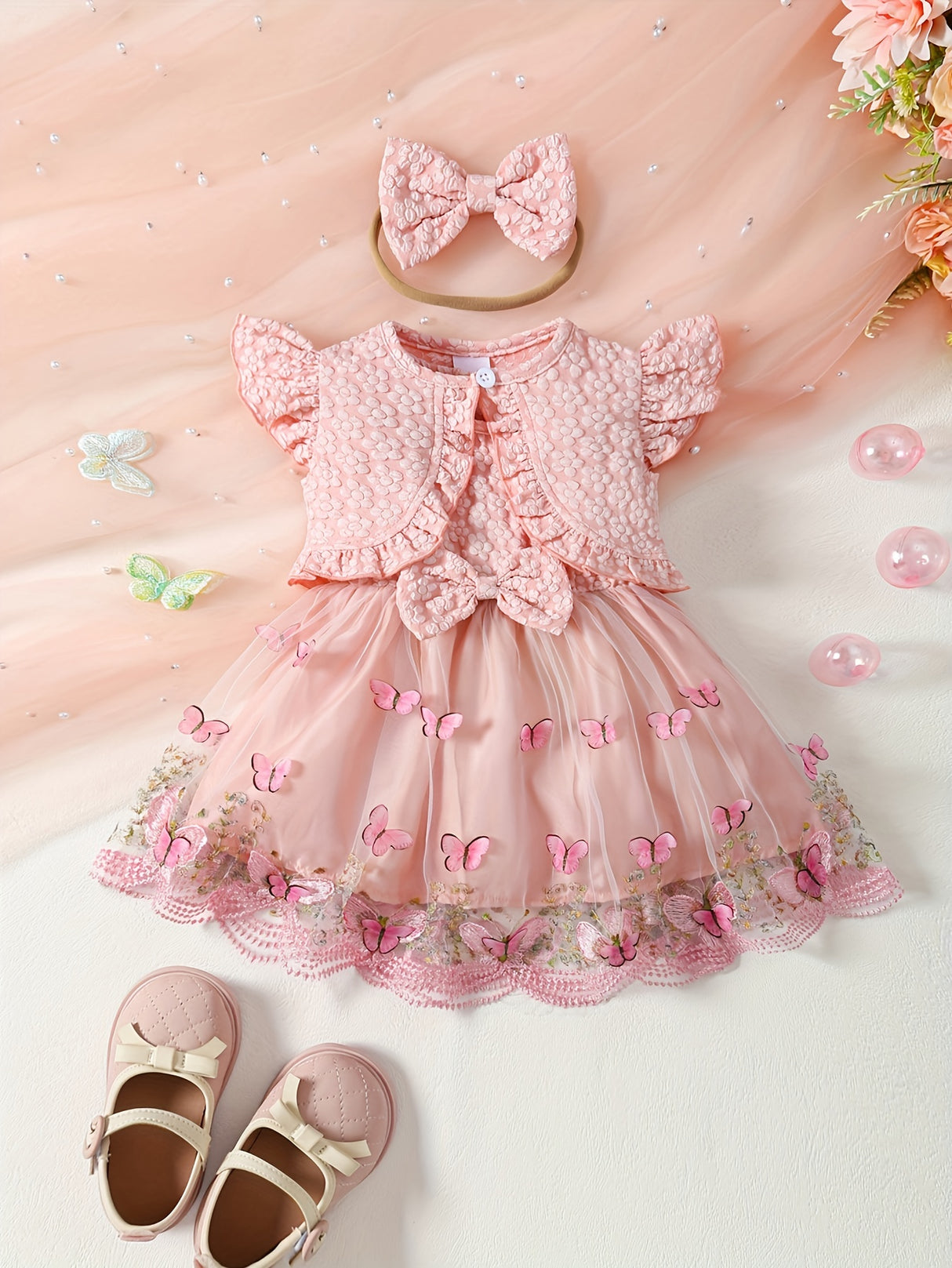 [Summer Baby Dress] 3pcs Summer Baby Girl Custom Mesh Dress | Three-Dimensional Butterfly Embroidered, Flanged Skin Flared Sleeve Short-Style Outer Blouse, Bow Hair Ribbon Set
