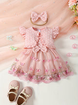 [Summer Baby Dress] 3pcs Summer Baby Girl Custom Mesh Dress | Three-Dimensional Butterfly Embroidered, Flanged Skin Flared Sleeve Short-Style Outer Blouse, Bow Hair Ribbon Set