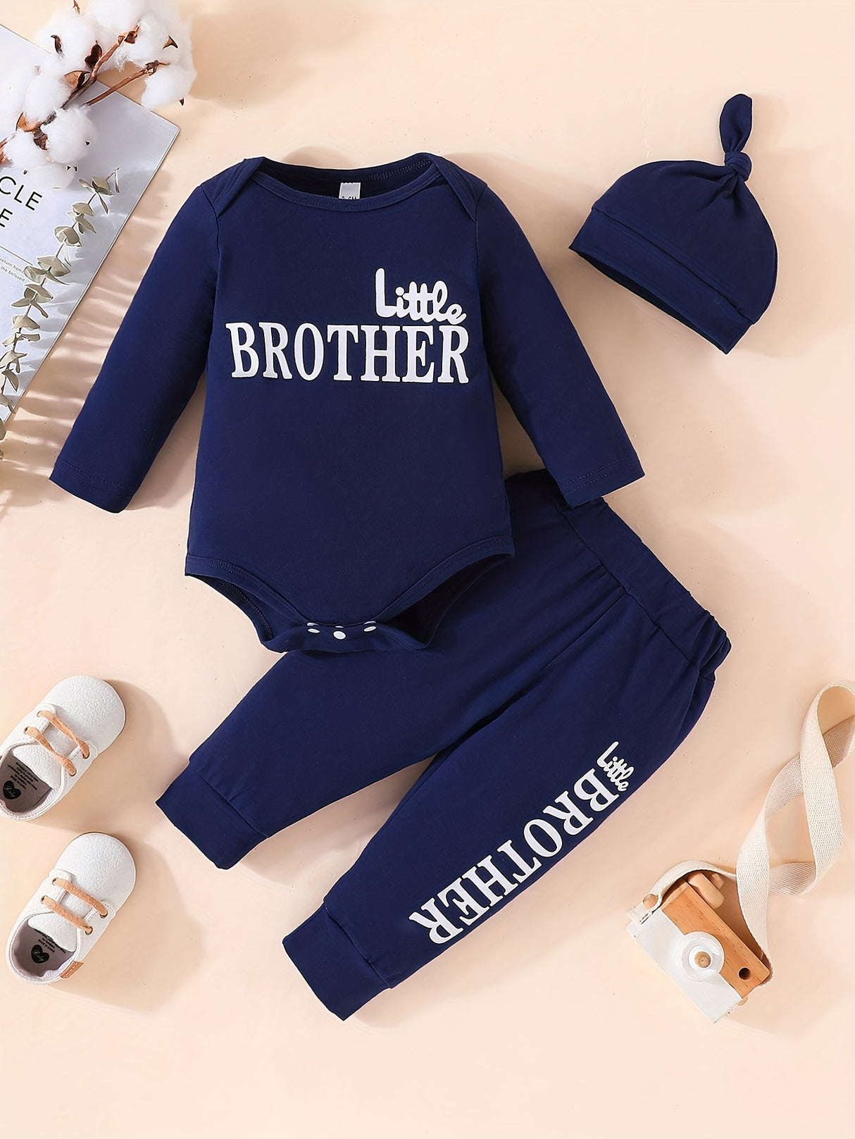 3pcs Baby Boy Long-sleeved Romper + Trousers + Hat, Casual Cotton Set