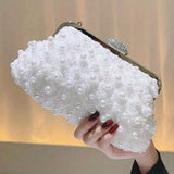 Luxurious Faux Pearl Evening Clutch Bag - 3D Flower Embellished, Top Ring Design, Wedding Bridal Prom Banquet Purse with Elegant Look and Compact Size