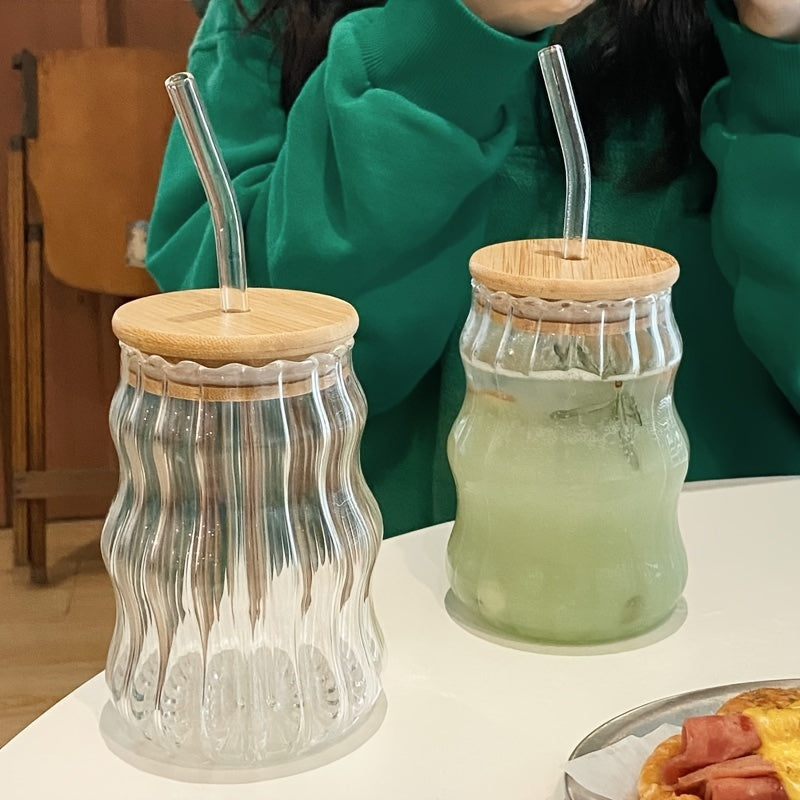8PCS, Ribbed Drinking Glass Cups with Straws Set, 18 oz Creative Glass Cups Vintage Drinking Glasses Ribbed Glassware Aesthetic Cups Entertainment Dinnerware Glassware with Straws Set for Kitchen Coffee Juice Beverage