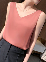Elegant Summer V-Neck Tank Top for Women: Chic Sleeveless, Sexy Slingback Design, Polyester-Spandex Blend