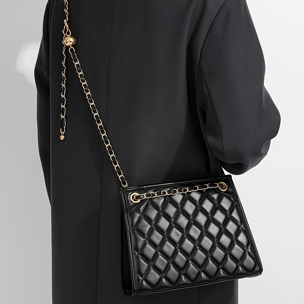 Luxury Quilted Faux Leather Tote Bag For Women With Adjustable Chain Strap, Classic Crossbody Handbag For Daily Outfits