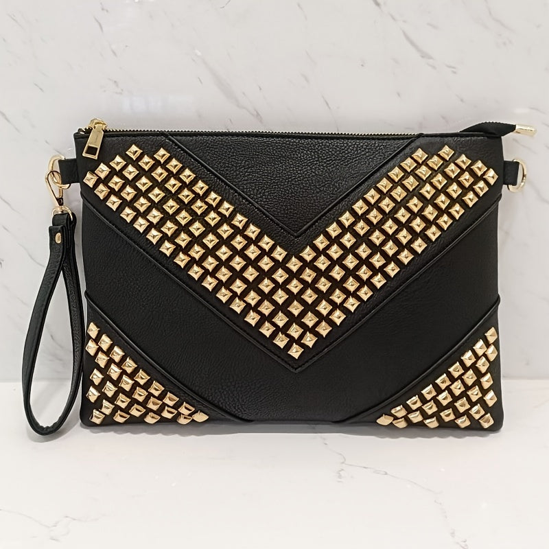 Fashion-Forward Womens Rivet Clutch Bag - Spiky Punk Style Crossbody Envelope Purse - Perfect for Everyday or Night Out Glam