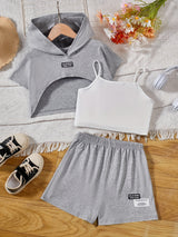 Girl's Stylish 3pcs, Hooded T-shirt & Camisole & Shorts Set, CALIFORNIA Patched Short Sleeve Top, Casual Outfits, Kids Clothes For Summer