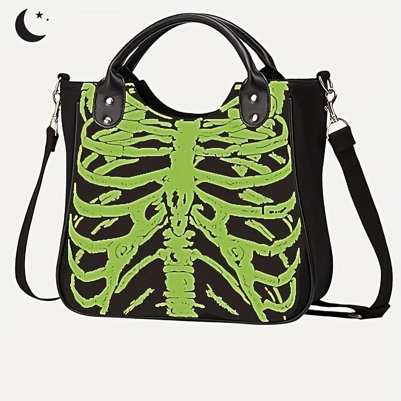 Goth Grunge Skeleton Durable Crossbody Bag, Rib Pattern Canvas Large Capacity Trendy Handbag, Halloween Portable Double Handle Tote Bag