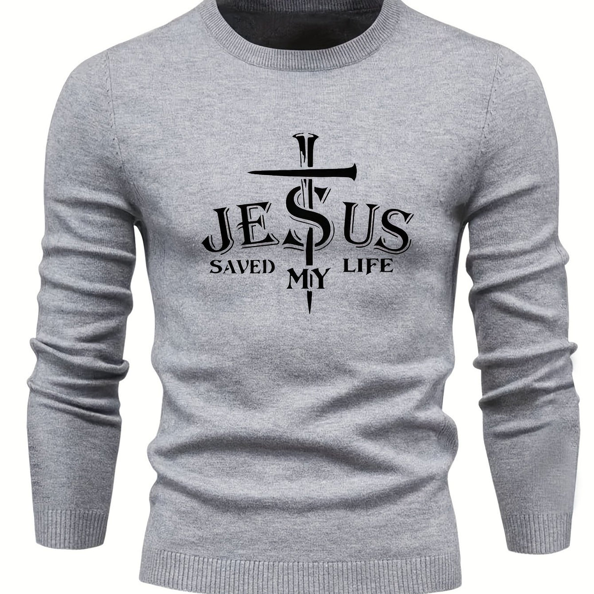 Jesus Saved My Life Print All Match Knitted Sweater, Men's Casual Warm Mid Stretch Crew Neck Pullover Sweater For Men Fall Winter