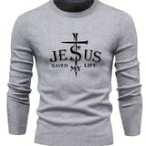 Jesus Saved My Life Print All Match Knitted Sweater, Men's Casual Warm Mid Stretch Crew Neck Pullover Sweater For Men Fall Winter