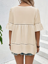 Solid Ruffle Trim Blouse, Vacation Cut Out Crew Neck Summer Blouse, Women's Clothing