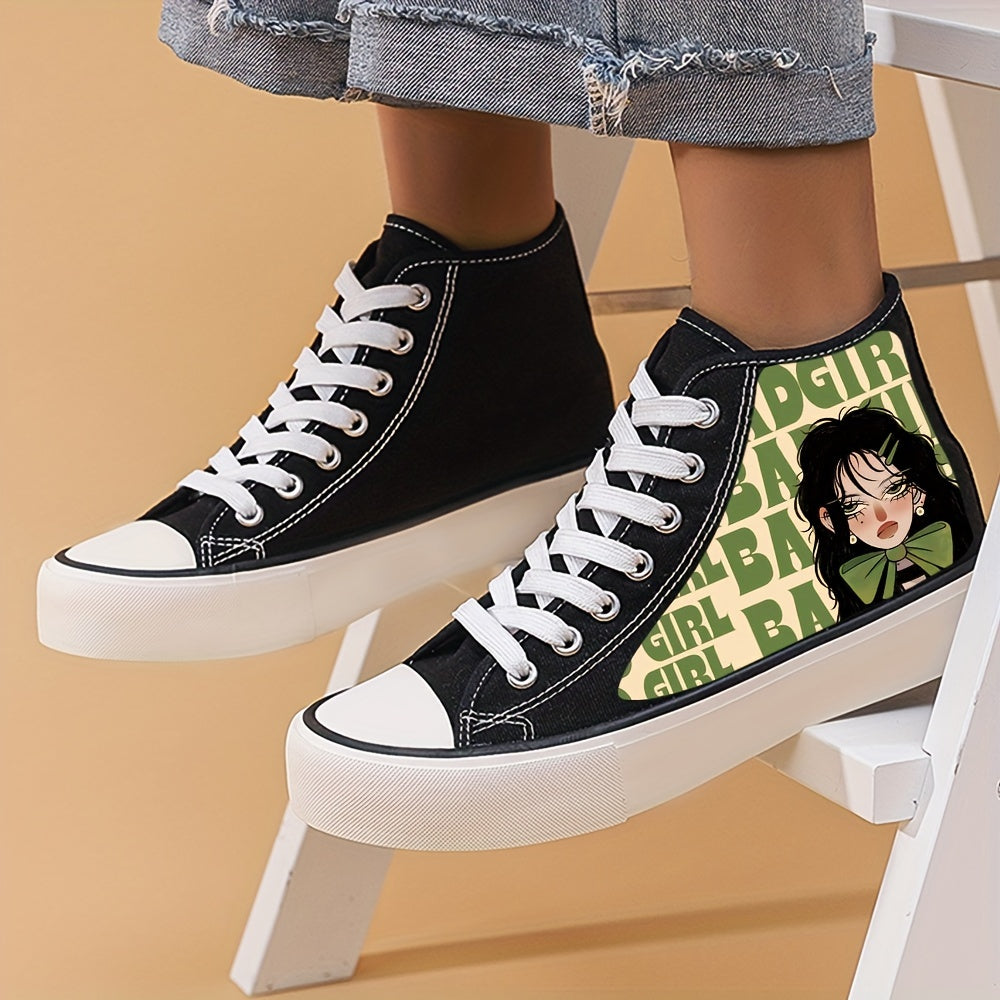 Anime Girl Pattern Lightweight High Top Breathable Canvas Sneakers, Round Toe Flat Classic Lace Up Wear Resistance Skate Shoes, Non Slip Casual Versatile Walking Shoes Running Shoes